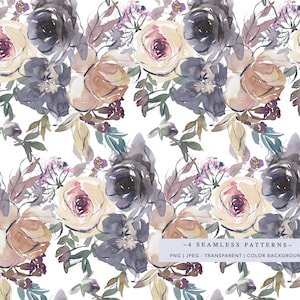 May include: A seamless pattern featuring watercolor illustrations of dark purple, light brown, and white flowers on a white background. The pattern is perfect for creating digital or printed designs.