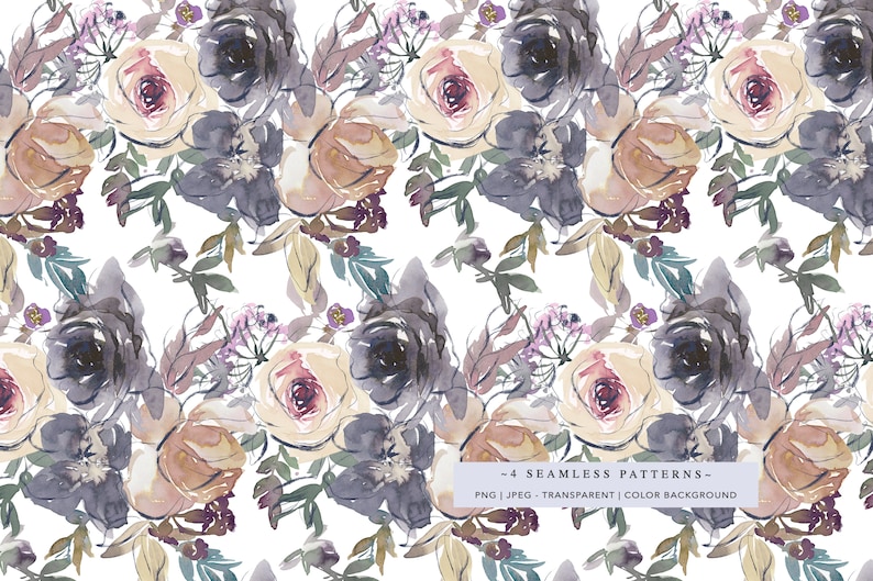 May include: A seamless pattern featuring watercolor illustrations of dark purple, light brown, and white flowers on a white background. The pattern is perfect for creating digital or printed designs.