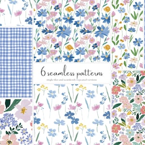 Paquete de patrones florales sin costuras de pradera primaveral, repetición de flores silvestres azules y rosas, conjunto de patrones de cuadros vichy estilo cabaña, estampado de tela, papel para álbum de recortes jpeg