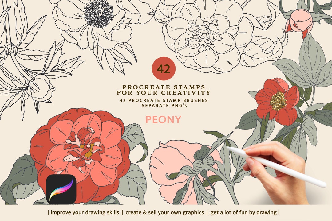 Peony Stamps Procreate Brushes - Floral Stamp - Botanical Stamp ...