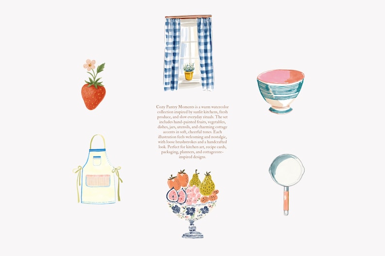 akvarell kök clipart set, mysiga skafferiillustrationer, element i stugkök, fruktburkar och fat, bondgårdskök i akvarell bild 3