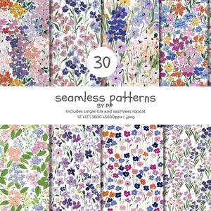 May include: A collection of 30 seamless floral patterns in various colors, including pink, blue, yellow, and purple. The patterns feature a variety of flowers and foliage. The text on the image reads "seamless patterns" and "30". Each tile is 12"x12".