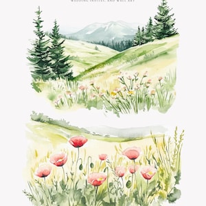May include: Watercolor painting of a landscape with green hills, a mountain range in the background, and a field of pink and white flowers. The image is labeled "12" and "Floral Landscapes with Daisies, Poppies & Sunflowers - Perfect for Spring Designs. Wedding Invites, and Wall Art. .png | 300 dpi"
