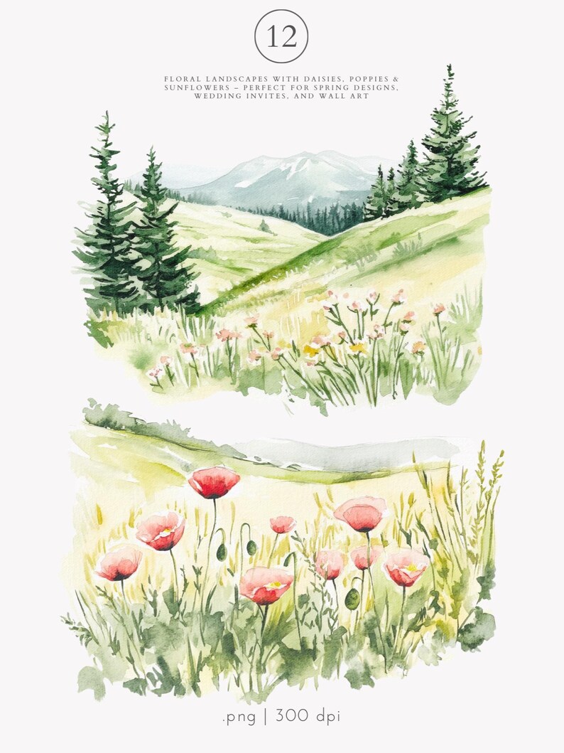 May include: Watercolor painting of a landscape with green hills, a mountain range in the background, and a field of pink and white flowers. The image is labeled "12" and "Floral Landscapes with Daisies, Poppies & Sunflowers - Perfect for Spring Designs. Wedding Invites, and Wall Art. .png | 300 dpi"