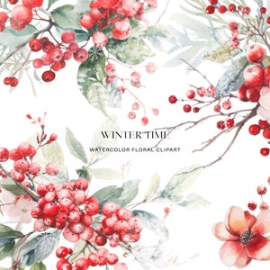 Op de afbeelding: Waterverf bloemen clipart met rode bessen, groene bladeren en witte en roze bloemen. Het kunstwerk is getiteld "Wintertime Watercolor Floral Clipart".