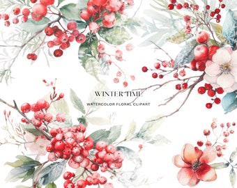 Può includere: Clipart floreale ad acquerello con bacche rosse, foglie verdi e fiori bianchi e rosa. L'opera d'arte è intitolata "Wintertime Watercolor Floral Clipart".