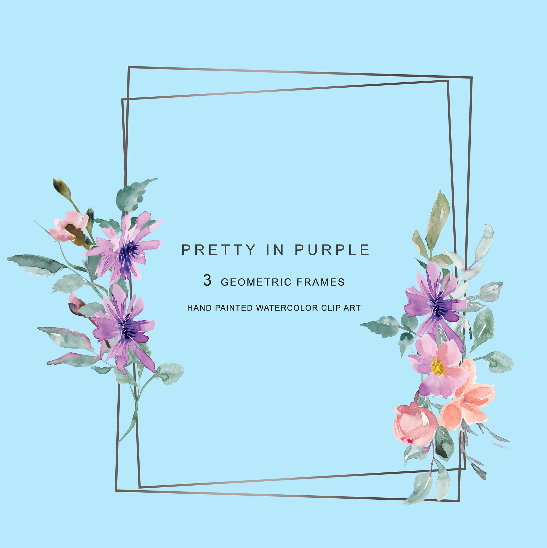Pretty in Purple Watercolor Floral Silver Geometric Frames | Etsy