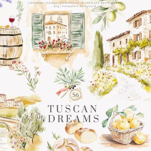 Toscaanse clipart - Italiaanse aquarel - plattelandskunst - wijngaardillustratie - rustiek decor - landschap van Italië - vintage Toscane - boerderij