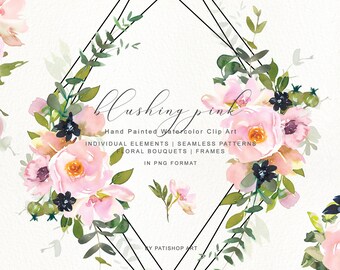 watercolor blush pink flowers - wedding floral clipart - flower wreath - wedding clipart - botanical flowers - eucalyptus leaves indigo png