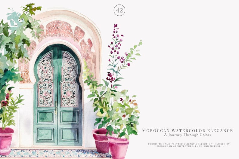 May include: Watercolor illustration of a Moroccan-style archway with a teal door and intricate white detailing. Potted plants with pink pots and greenery frame the entrance. The text "MOROCCAN WATERCOLOR ELEGANCE" is visible.