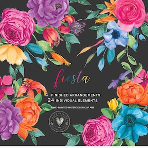 Könnte beinhalten: Eine digitale Sammlung handgemalter Aquarell-Blumen-Cliparts mit leuchtend rosa, violetten, orangen, gelben und blauen Blüten auf dunklem Hintergrund. Der Text lautet: fiesta, 4 FINISHED ARRANGEMENTS, 24 INDIVIDUAL ELEMENTS, HAND PAINTED WATERCOLOR CLIP ART und HAND PAINTED ORIGINAL ARTWORK.