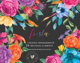 fiesta floral watercolor clipart png, colorful flower bouquet bundle, mexican fiesta flowers, bright summer png, digital download, preppy
