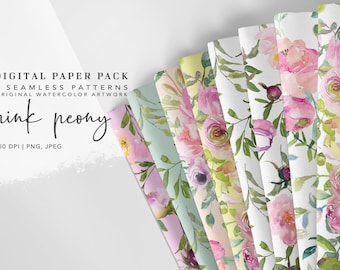 Pink Peony, Seamless Pattern, Collection Repeatable, Scrapbook Paper, Digital Background, Printable Paper Set, Watercolor Floral Design