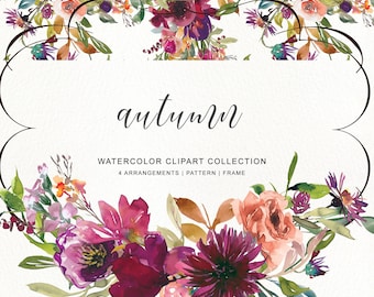 watercolor autumn bouquet clipart - burgundy flowers clipart - watercolor autumn flowers clipart - fall leaves - seamless pattern - fall png