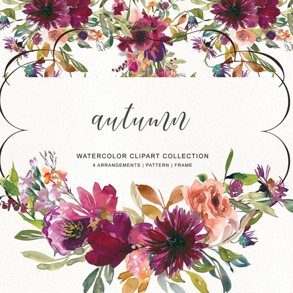 watercolor autumn bouquet clipart - burgundy flowers clipart - watercolor autumn flowers clipart - fall leaves - seamless pattern - fall png