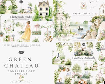 green chateau watercolor clipart bundle, chateau de jardin, pastel chateau, chateau animals, french countryside art set, wedding clipart png