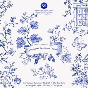 May include: Blue and white illustration of a cottage with a whimsical floral design. The illustration includes a banner with the text "Blueberry Porcelain Dreams".