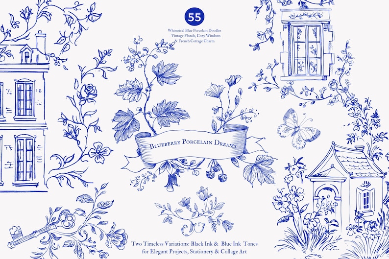 May include: Blue and white illustration of a cottage with a whimsical floral design. The illustration includes a banner with the text "Blueberry Porcelain Dreams".
