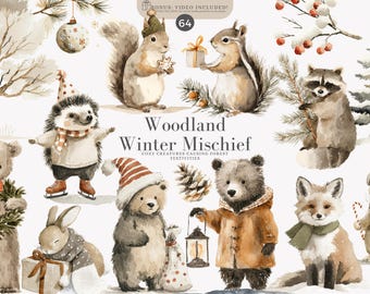 Animaux des bois - clipart aquarelle - créatures de la forêt - clipart hiver - animaux douillets - Noël des bois - hiver boisé - renard festif
