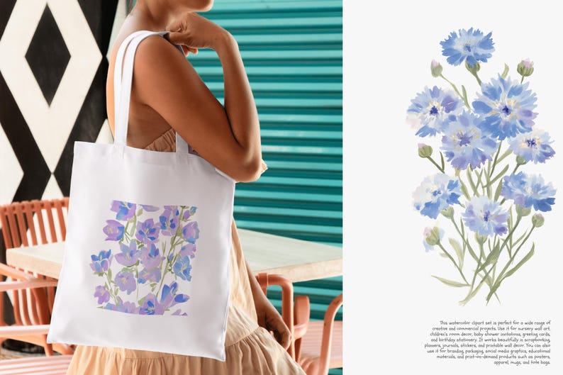 May include: White tote bag featuring a watercolor floral design in shades of blue and purple. The tote bag is carried by a person. A separate watercolor illustration of blue flowers is also visible.
