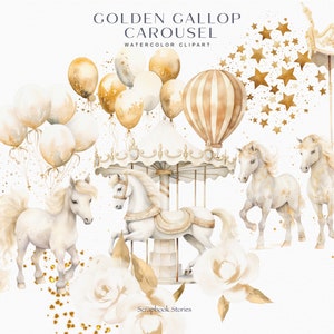 aquarel carrousel clipart - golden pony clipart - carrousel clipart - stickers clipart - golden horse clipart - scrapbooking clipart png