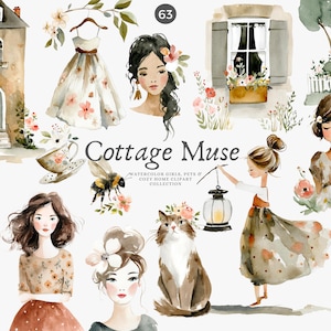 Puede incluir: Ilustraciones en acuarela con temática de cabaña. La imagen incluye un vestido, una casa, un gato y varios retratos de mujeres. También está presente el texto "Cottage Muse". La obra de arte tiene una paleta de colores suaves y pastel.
