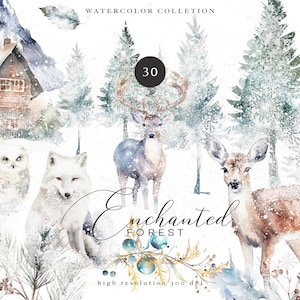 evergreen clipart - watercolor Christmas - winter woodland set - woodland clipart - winter landscape - watercolor winter - deer clipart png