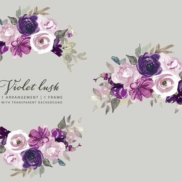 Violet Lush, Watercolor Violet Floral Clipart, One Arrangement, One Frame, Commercial Use, Wedding Decor, Scrapbooking, Purple Peony Roses