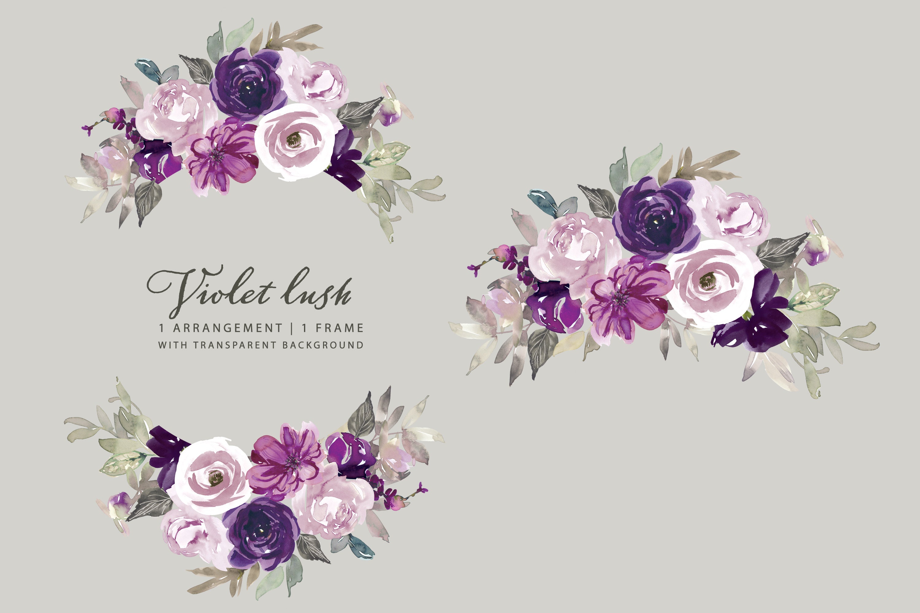 Violet Lush* Watercolor Violet Floral Clip Art One Arrangement One Fr…