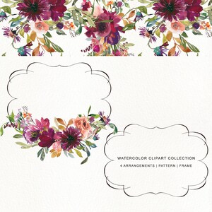 May include: Watercolor clipart collection featuring four floral arrangements, a seamless pattern, and a frame. The floral arrangements are made up of burgundy, pink, and peach flowers with green leaves. The pattern and frame are also decorated with burgundy, pink, and peach flowers.