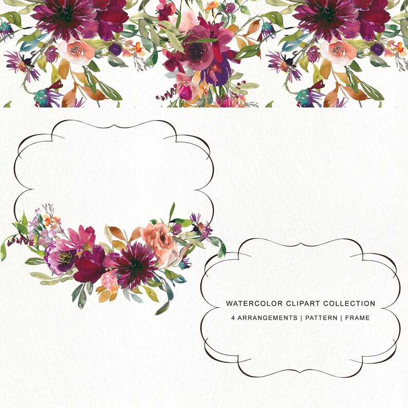 May include: Watercolor clipart collection featuring four floral arrangements, a seamless pattern, and a frame. The floral arrangements are made up of burgundy, pink, and peach flowers with green leaves. The pattern and frame are also decorated with burgundy, pink, and peach flowers.