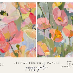 May include: Two panels of digital designer papers with an abstract floral design. The artwork features pink, orange, and yellow poppies against green and blue brushstrokes. The text "poppy gala" is visible. The image is 3600 x 3600 pixels.
