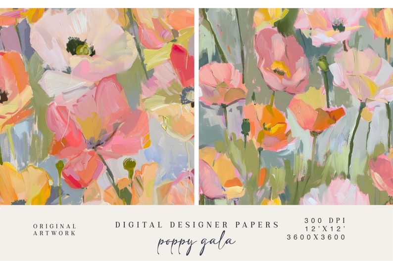 May include: Two panels of digital designer papers with an abstract floral design. The artwork features pink, orange, and yellow poppies against green and blue brushstrokes. The text "poppy gala" is visible. The image is 3600 x 3600 pixels.