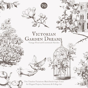 Puede incluir: Un conjunto de 70 ilustraciones vintage de escenas de jard&iacute;n victorianas, que incluyen flores, p&aacute;jaros, casas y otros detalles. Las ilustraciones est&aacute;n dibujadas en tinta negra y tonos sepia.