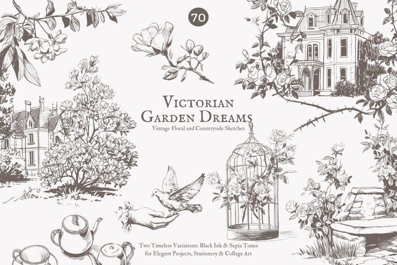 Puede incluir: Un conjunto de 70 ilustraciones vintage de escenas de jard&iacute;n victorianas, que incluyen flores, p&aacute;jaros, casas y otros detalles. Las ilustraciones est&aacute;n dibujadas en tinta negra y tonos sepia.