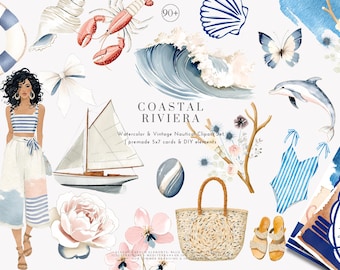 mediterranean coastal watercolor clipart png, nautical seashells and marine animals, seaside beach house summer illustration digital design