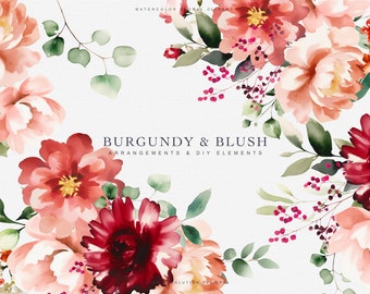 watercolor floral clipart - burgundy floral clipart - blush floral clipart - romantic floral - wedding clipart - premade clipart -peony rose