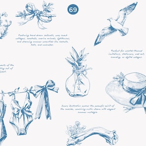 May include: A set of hand-drawn illustrations featuring nautical themes, including a seagull, a seashell, a jar with a plant, a sun hat, and two swimsuits. The illustrations are in blue and white.