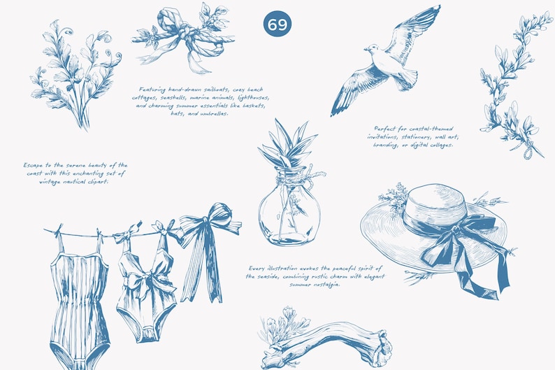 May include: A set of hand-drawn illustrations featuring nautical themes, including a seagull, a seashell, a jar with a plant, a sun hat, and two swimsuits. The illustrations are in blue and white.