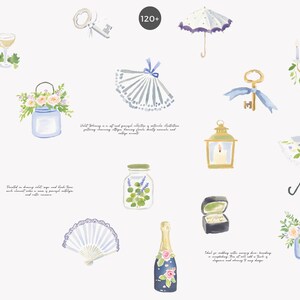 May include: Watercolor illustrations of wedding-themed items, including champagne, umbrellas, keys, a ring box, and floral arrangements. The image has a soft, romantic aesthetic with a light color palette.