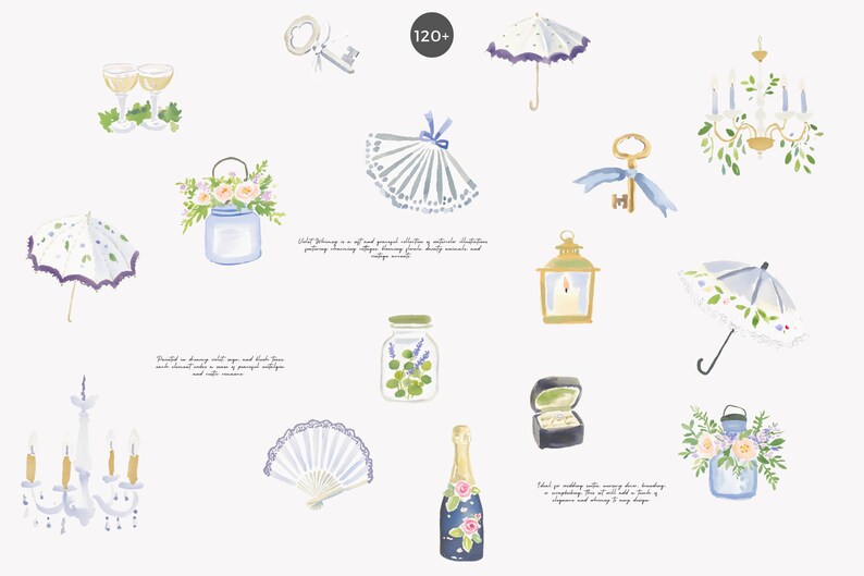 May include: Watercolor illustrations of wedding-themed items, including champagne, umbrellas, keys, a ring box, and floral arrangements. The image has a soft, romantic aesthetic with a light color palette.