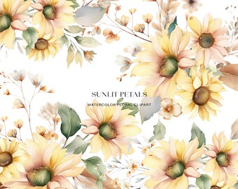Könnte beinhalten: Aquarell-Blumen-Clipart mit einem Strauß Sonnenblumen mit gelben und pfirsichfarbenen Blütenblättern, grünen Blättern und kleinen weißen Blüten. Der Text "Sunlit Petals Watercolor Floral Clipart" wird in der Mitte des Bildes angezeigt.