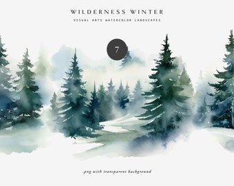 watercolor winter forest - watercolor winter sceneries - winter forest clipart - winter landscape - pine trees - snowy forest - pine woods