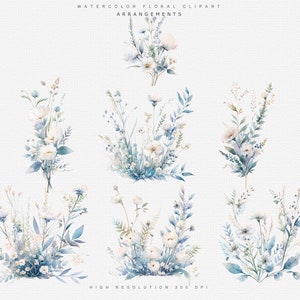 May include: Six watercolour floral arrangements featuring white flowers and blue foliage. The arrangements are on a white background with a subtle texture.
