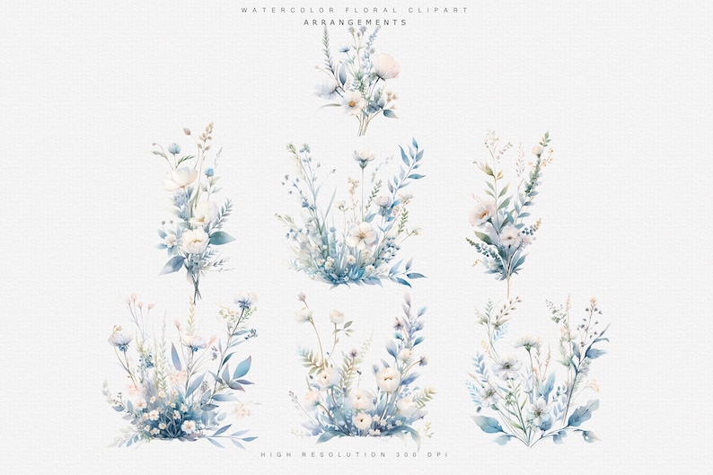 May include: Six watercolour floral arrangements featuring white flowers and blue foliage. The arrangements are on a white background with a subtle texture.