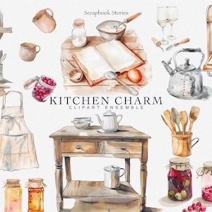 Op de afbeelding: Een aquarel clipart collectie getiteld Kitchen Charm Scrapbook Stories met keukenartikelen zoals een oven met muffins, een houten tafel, een schort, glazen potten met fruit, een waterkoker, houten lepels en een tafel met een geblokt kleed.