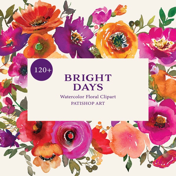 right days watercolor flower clipart png, colorful peony floral bouquet and seamless pattern, wedding wreath frames hand painted design