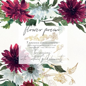 Clipart de fleurs de Bourgogne, clipart couleur vin aquarelle, bouquets d’indigo d’automne, dessin au trait dessiné à la main, clipart de dahlia de Bourgogne, PNG d’automne