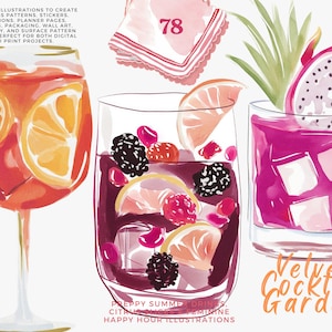 May include: Watercolour illustration of three cocktails. One is orange with citrus slices, another is purple with berries and citrus, and the third is pink with ice cubes and dragon fruit. Text includes "Velvet Cocktail Garden".