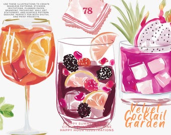 preppy cocktail clipart, watercolor summer drinks png, aperol spritz illustrations, pink martini graphics, bar cart art bundle